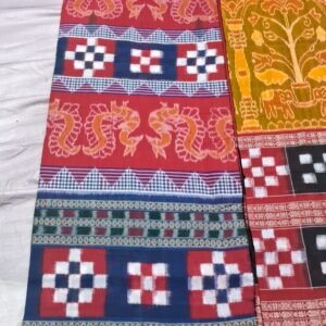 🔴 Traditional Handloom Saree – Red & Blue with Dragon Motifs